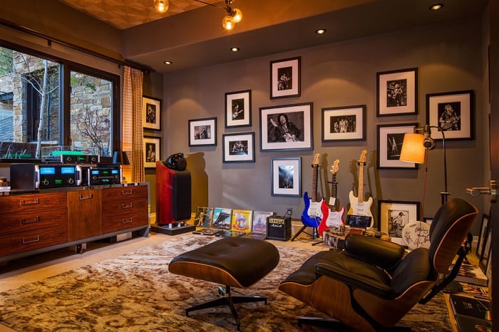 music room with musical icon photos and records