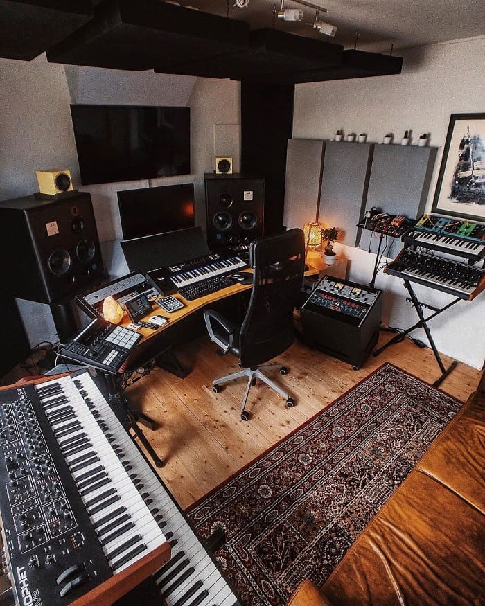 music room with a rug and setup